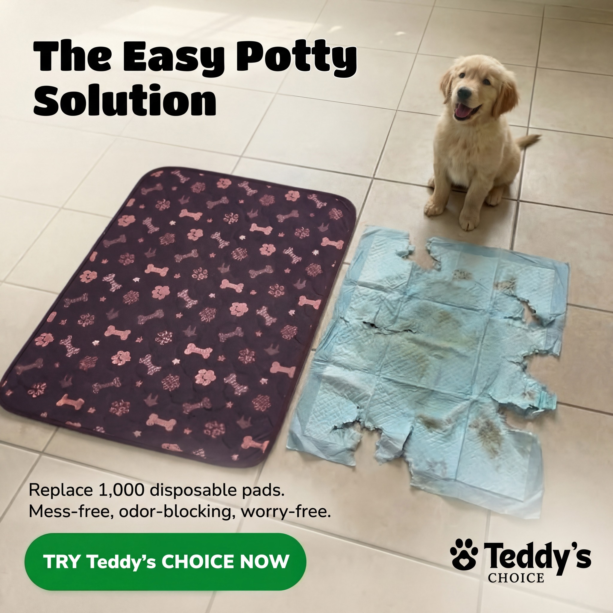 Teddy's Choice Facebook ad: No puppy training needed-dogs just use it