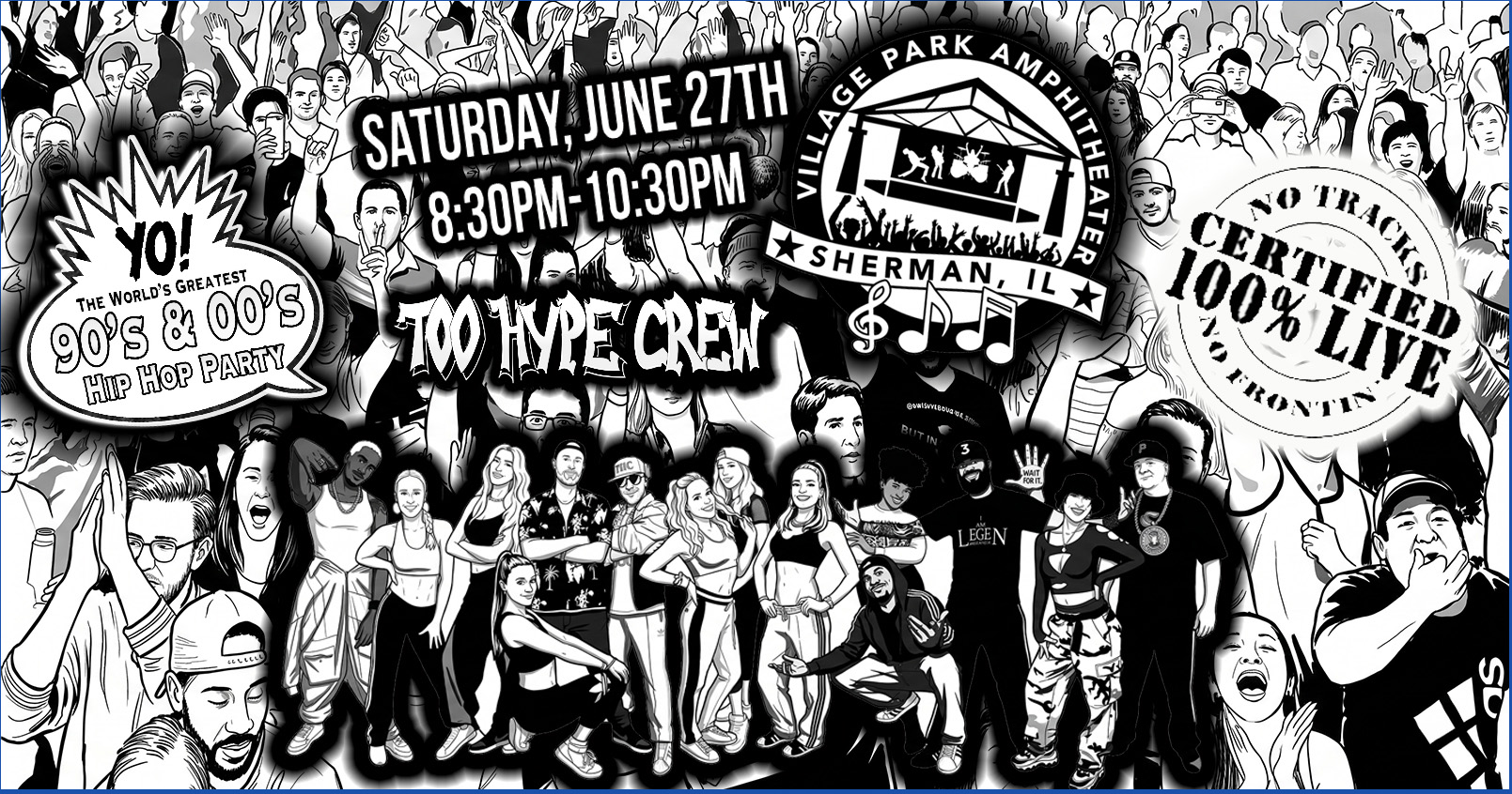 Sherman Village Park Amphitheater Facebook ad: Too Hype Crew Party Band with special guests Pop Quiz, Hot…