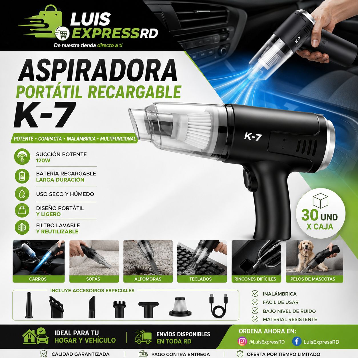 Luisexpressrd Facebook ad: ASPIRADORA PORTATIL RECARGABLE K-7 (30 UND X CAJA)