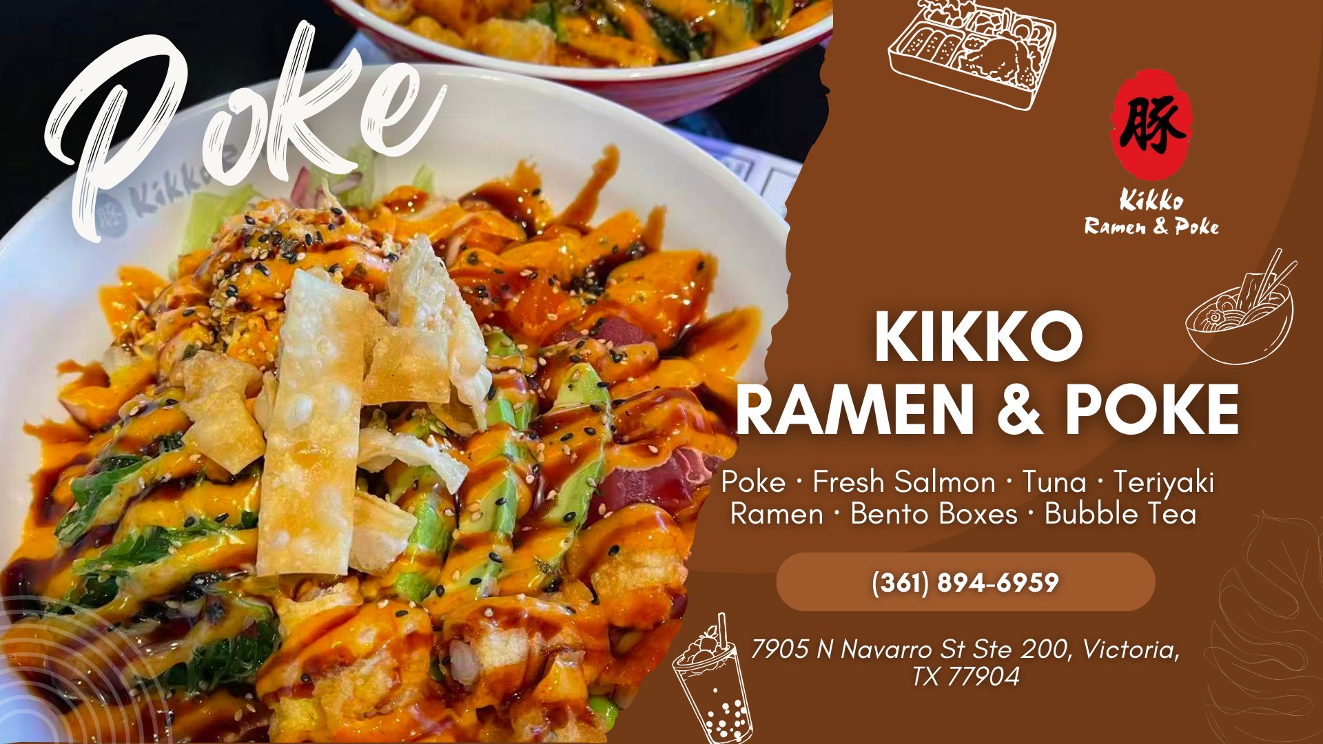 Kikko Ramen & Poke Victoria Facebook ad: Fresh Poke · Authentic Japanese Comfort