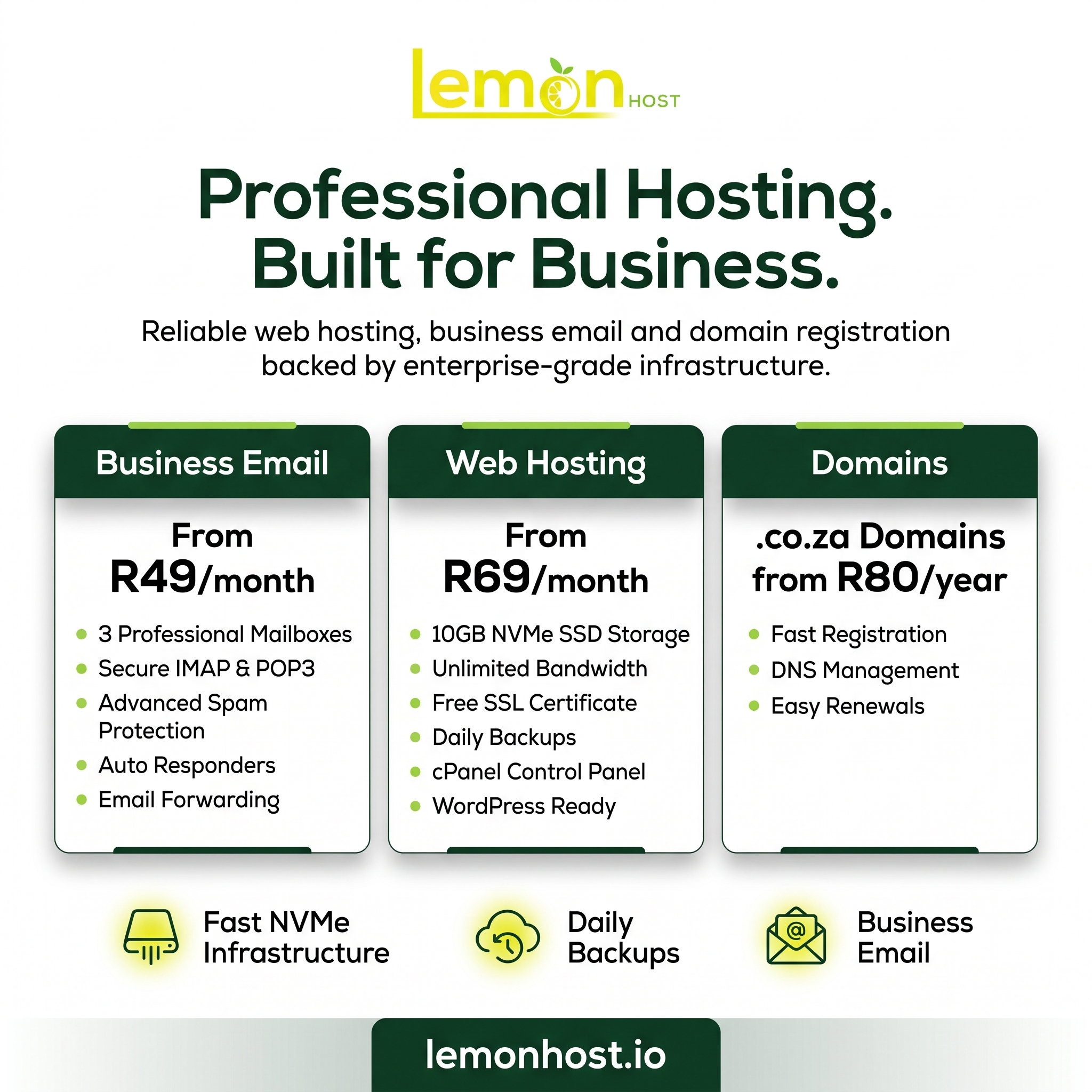 Lemon Host Facebook ad: Web Hosting From R69/Month
