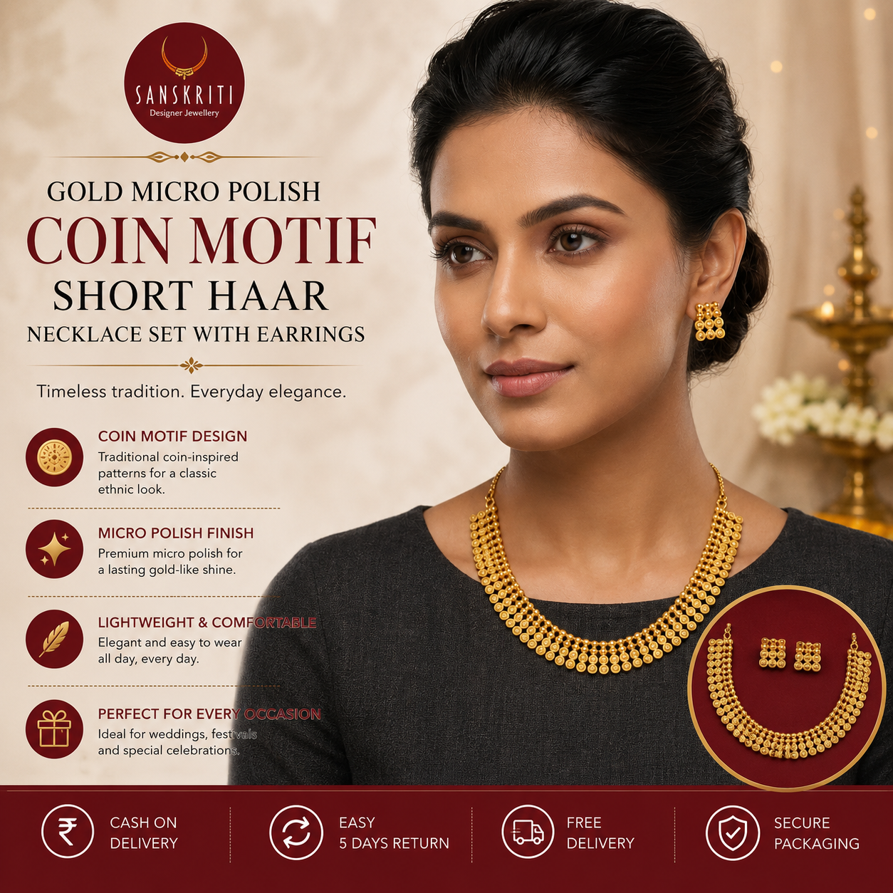 Sanskriti Designer Jewellery Facebook ad: Buy Gold Micro Polish Coin Motif Short Haar Necklace Set!