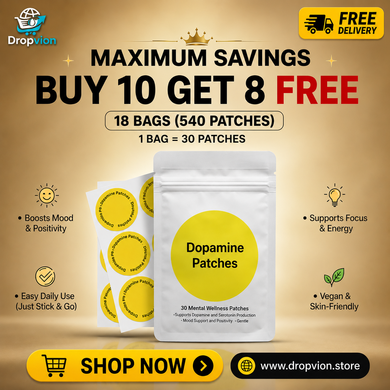 Dropvion Facebook ad: Buy 10 Get 8 FREE, Biggest Savings of the Season