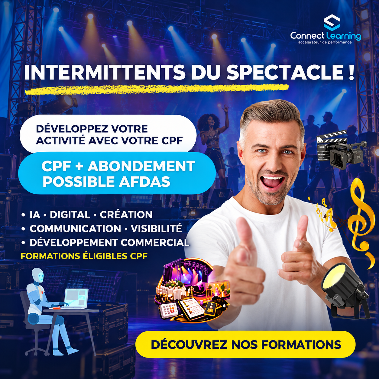Connect-Learning Facebook ad: Formations financées pour intermittents du spectacle