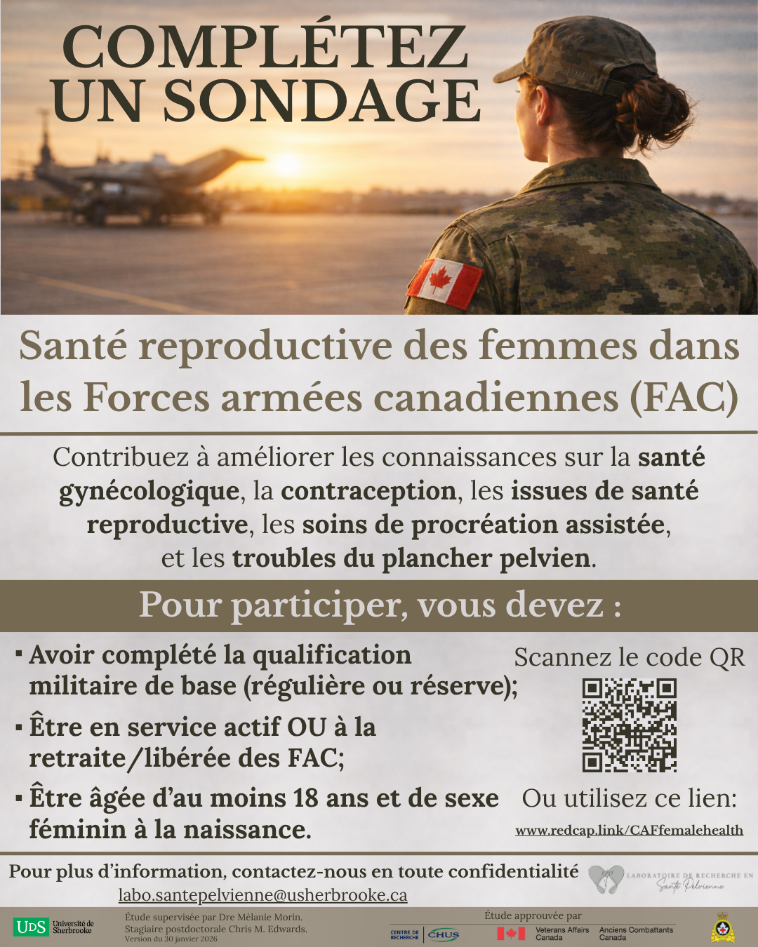 Laboratoire de recherche en santé pelvienne - officiel Facebook ad: Femmes militaires des FAC actuellement en service ou…
