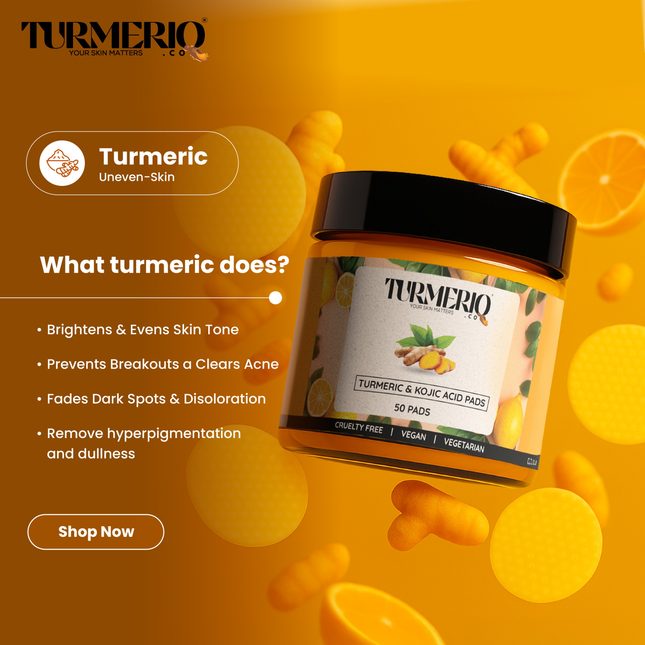 Turmeriq Facebook ad: Swipe to Clear, Even & Glow
