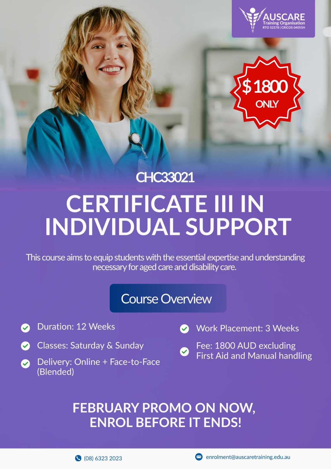 Auscare Training Organisation RTO 52578 Facebook ad: Start Your Healthcare Career Today, $1,800