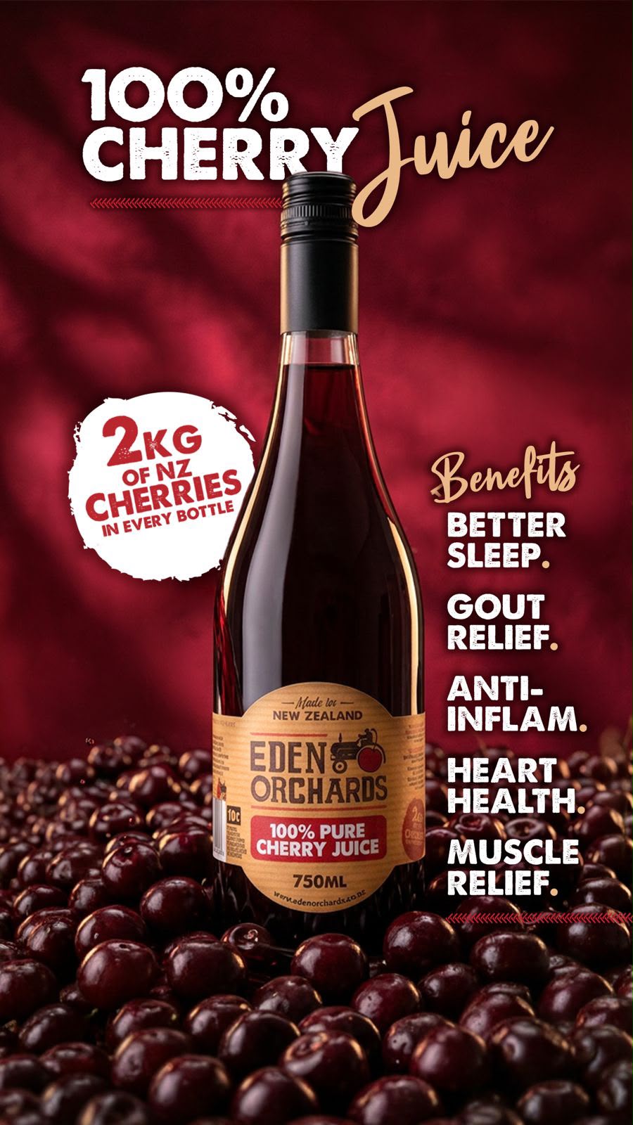 Eden Orchards Facebook ad: 100% Pure NZ Cherry Juice