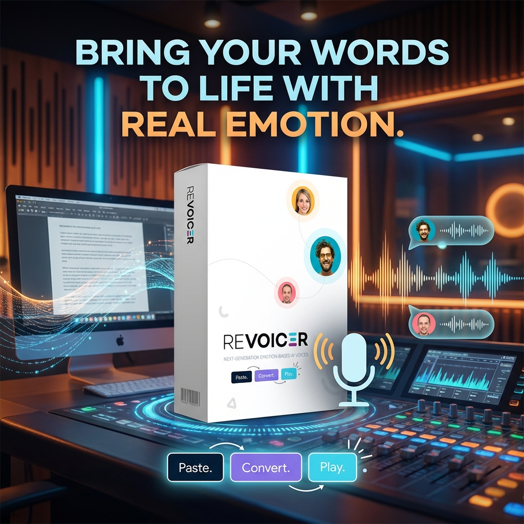 Revoicer - AI Text To Speech Facebook ad: 100+ Human-Sounding AI Voices With EMotions