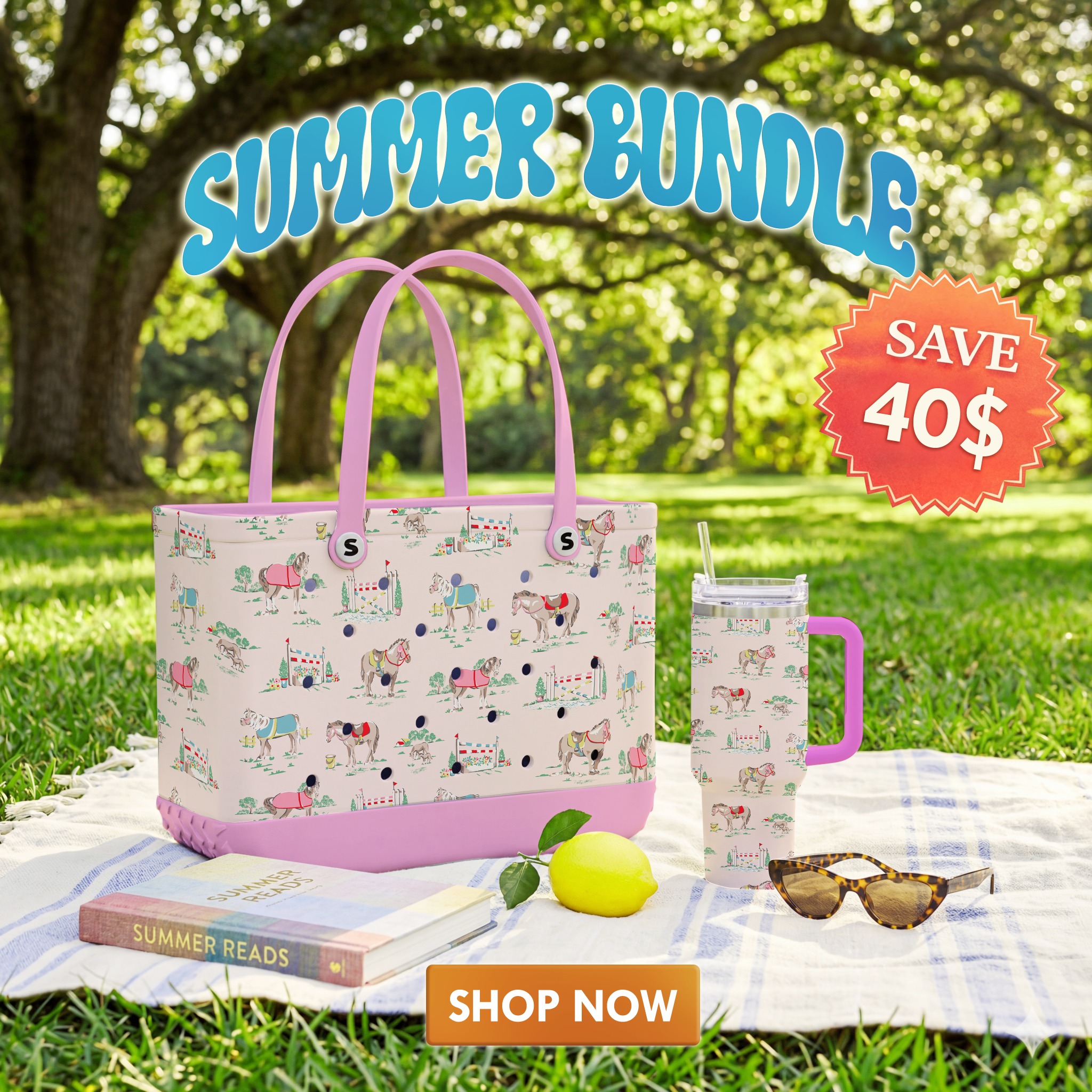 Shineful.net Facebook ad: Shineful Bundle Beach Bag And Tumbler Horse Racing