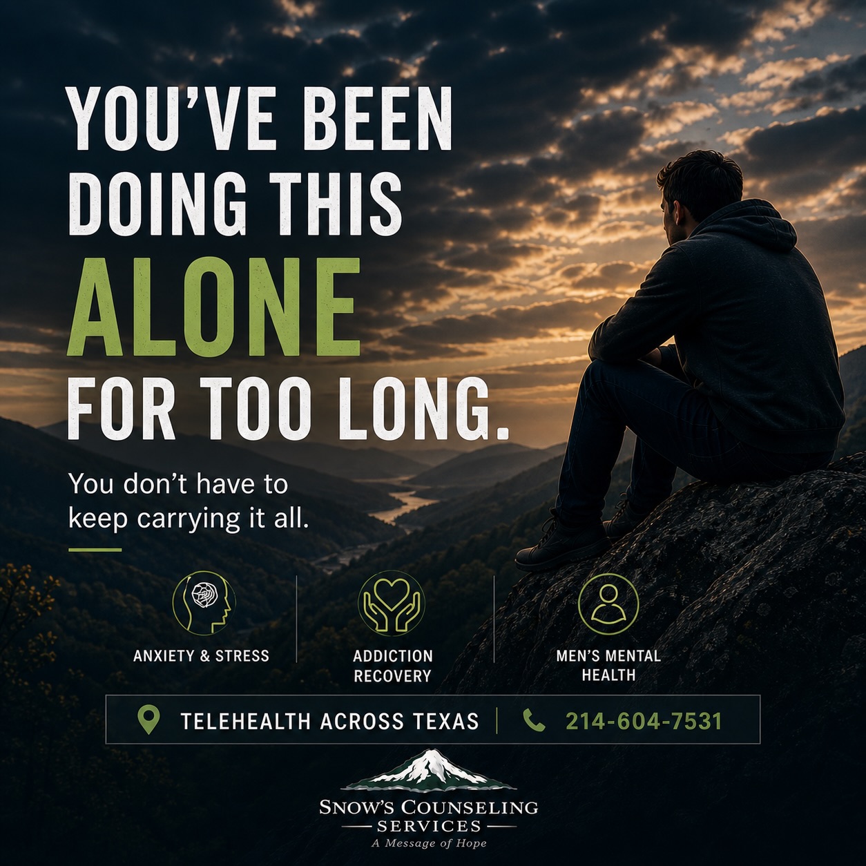 Snow’s Counseling Services Facebook ad: Handling everything on your own gets exhausting.