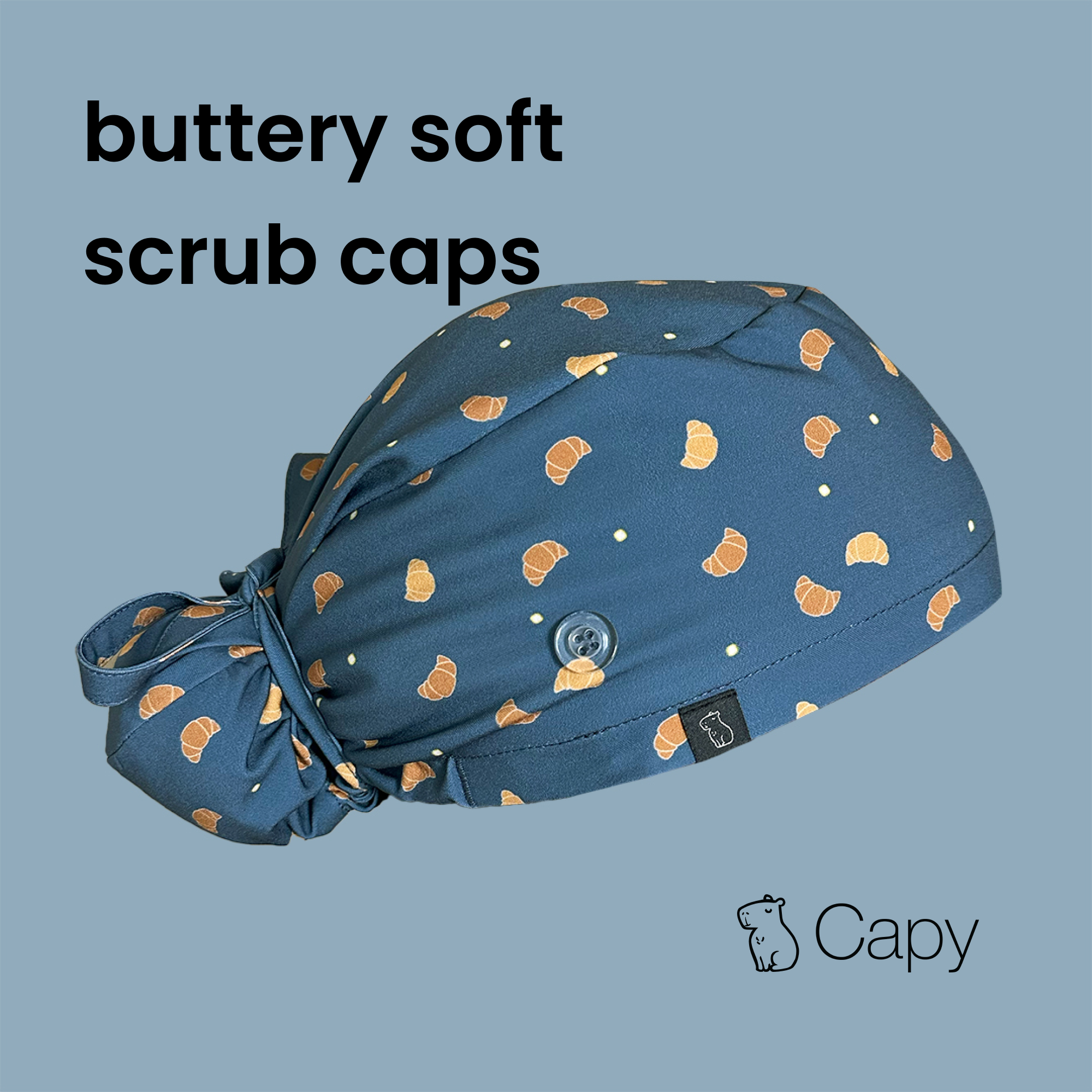 Capy Facebook ad: Comfort meets style with Capy scrub caps.
