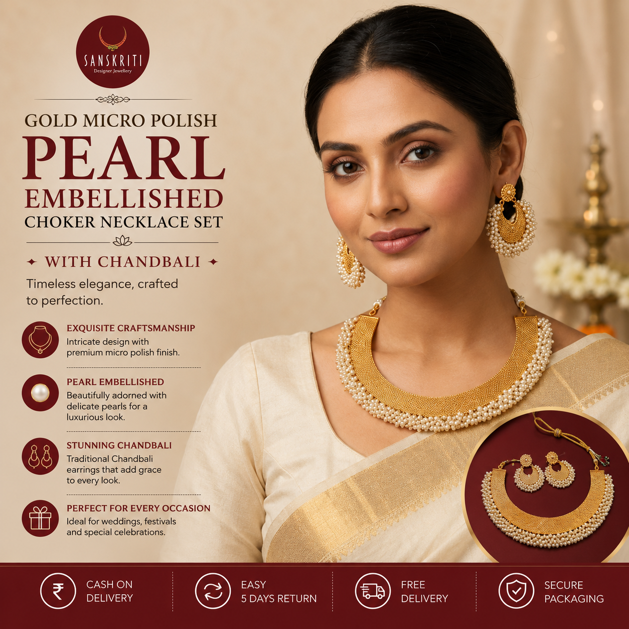 Sanskriti Designer Jewellery Facebook ad: Buy Gold Micro Polish Pearl Embellished Choker Necklace Set!