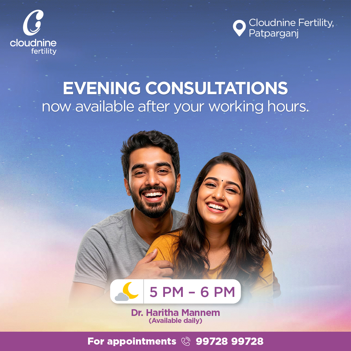 Cloudnine Fertility & IVF Center - Patparganj, East Delhi Facebook ad: Evening Fertility Consultations | 5-6 PM