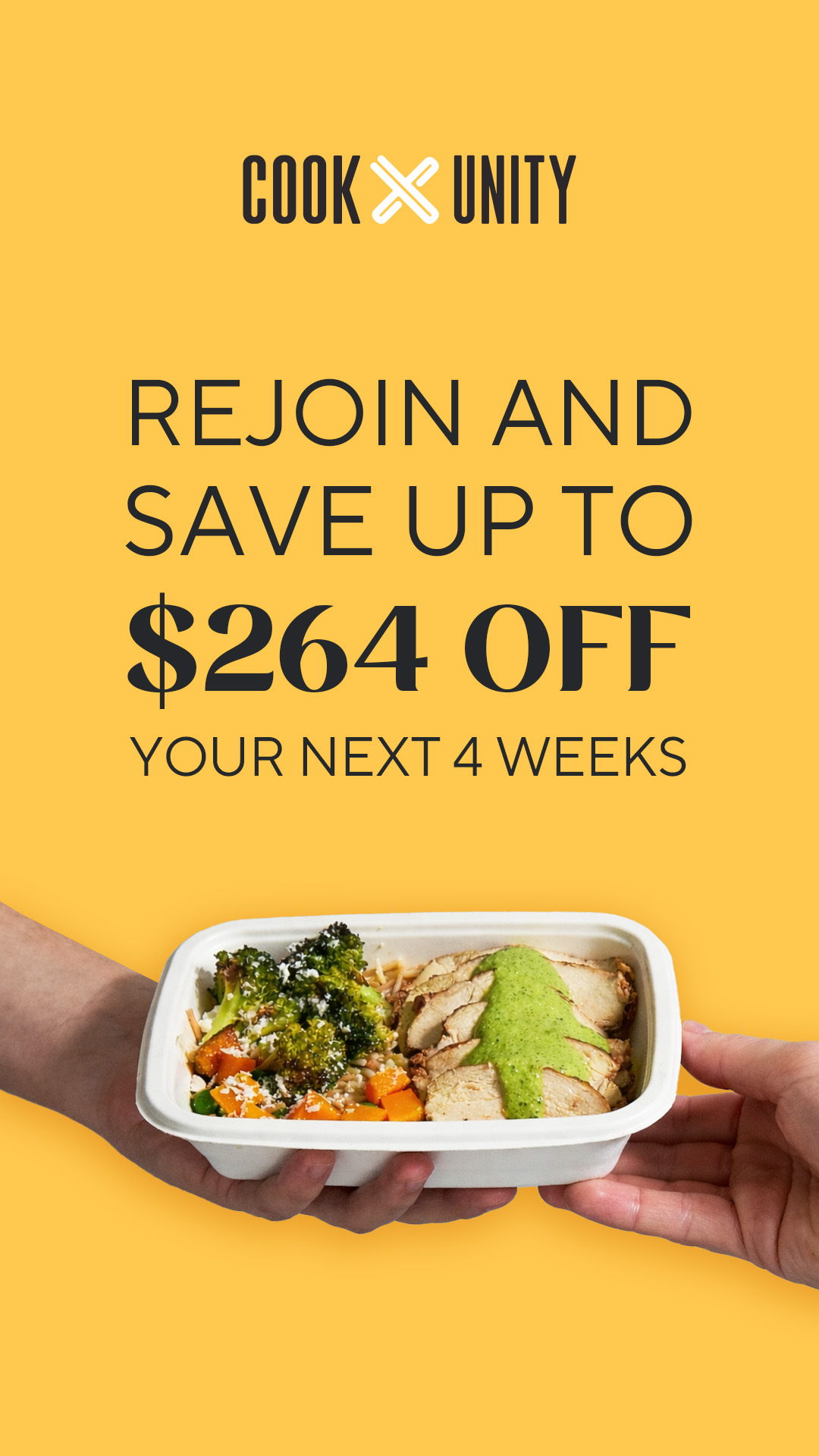CookUnity Facebook ad: Act Fast: Save Up to $264 Off Your First 4 Weeks Back!