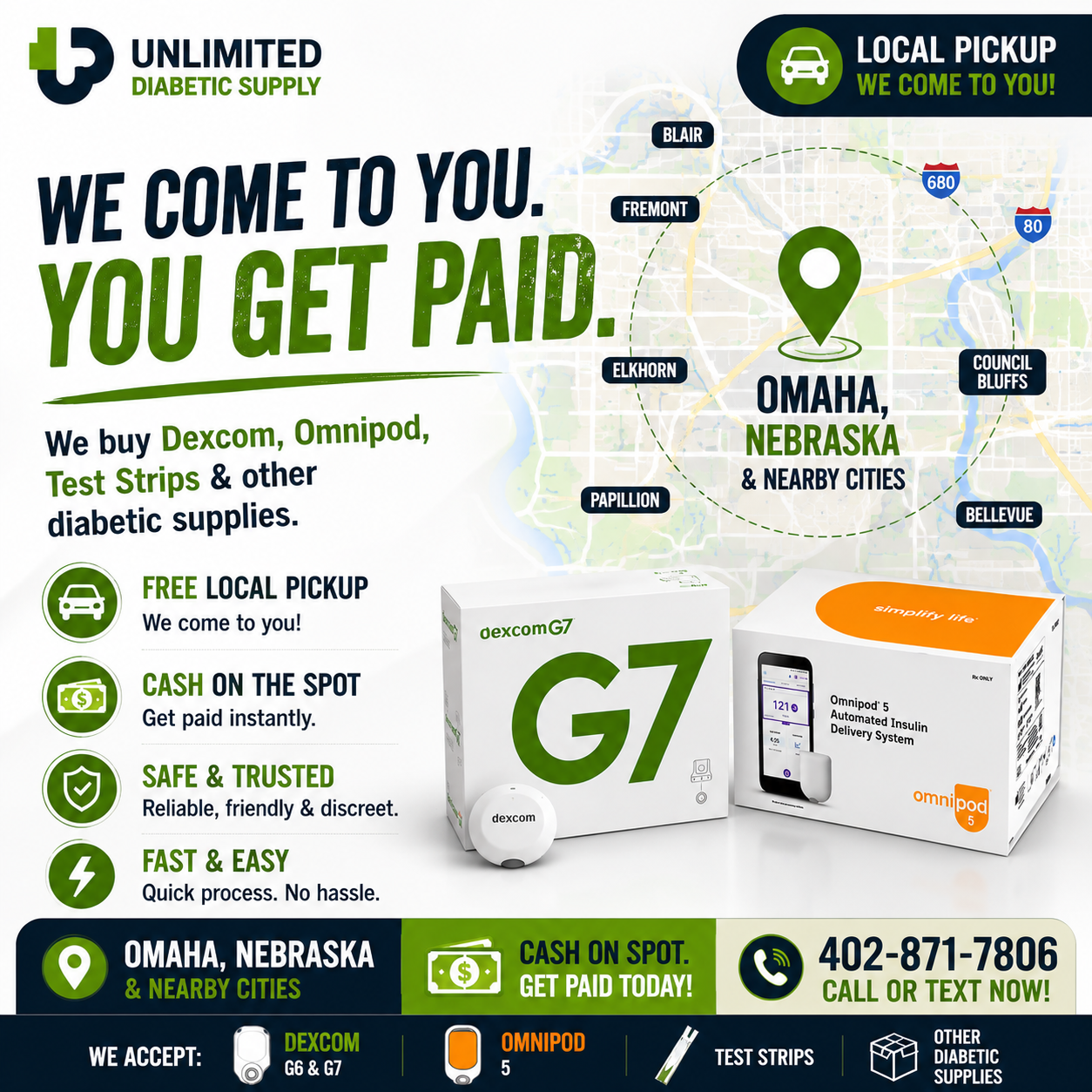 Unlimited Venture Diabetic Supply Facebook ad: We Come To You. You Get Paid.