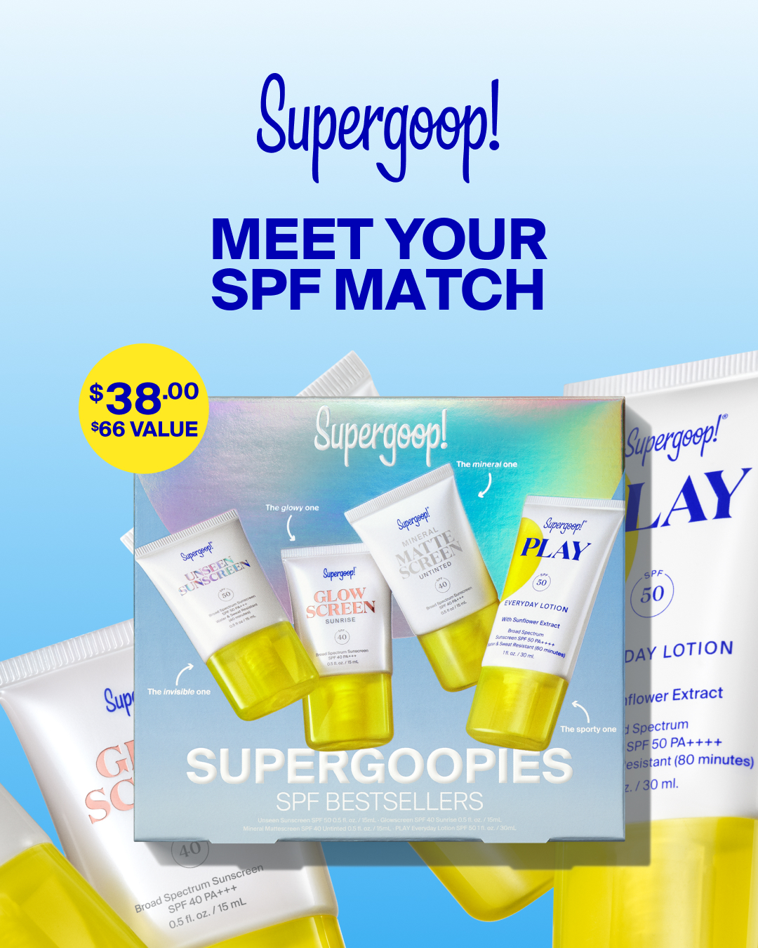 Supergoop Facebook ad: Supergoopies SPF Bestsellers Kit