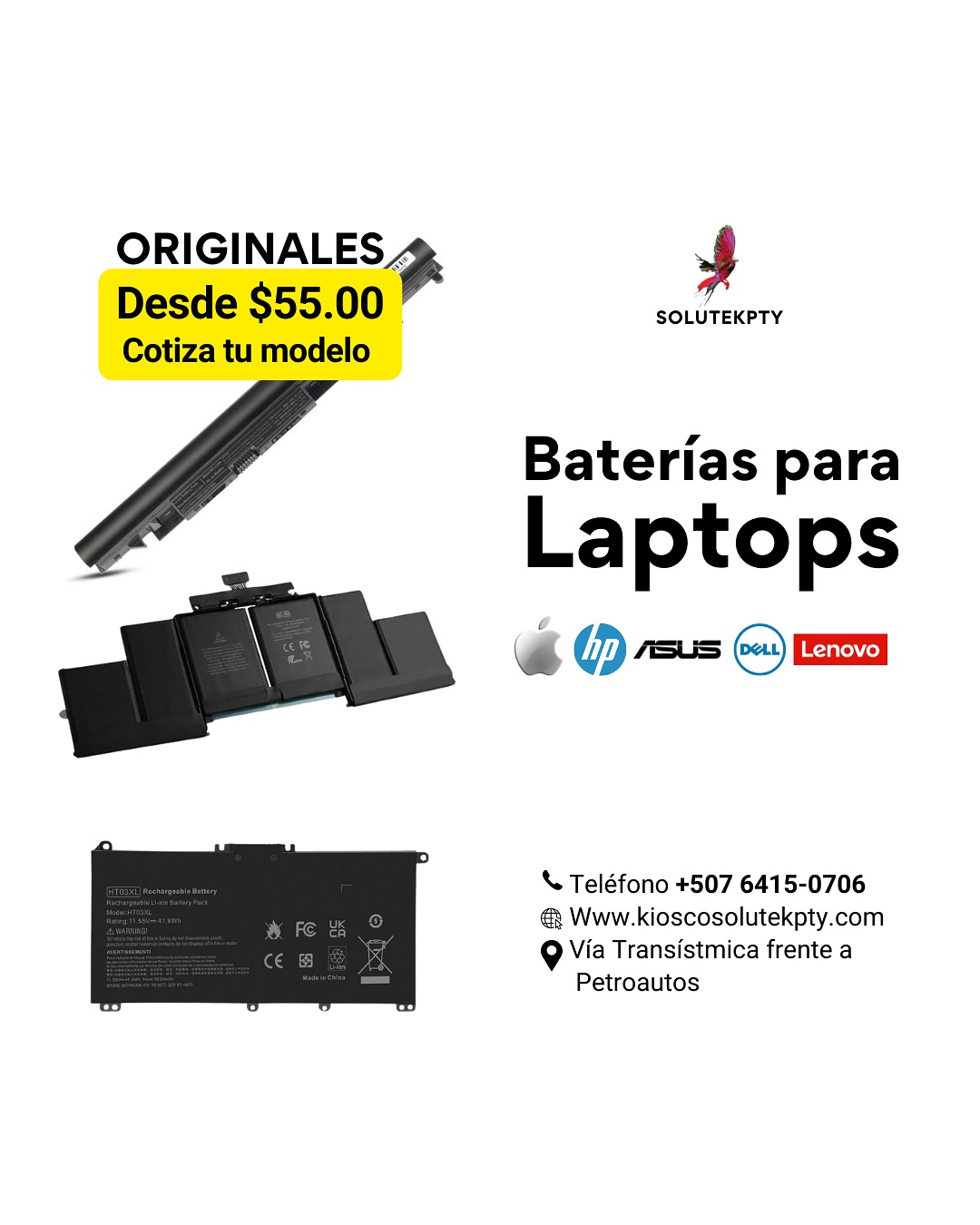 Solutekpty Facebook ad: Baterías Originales para laptops Marcas Lenovo, ASUS, Hp…