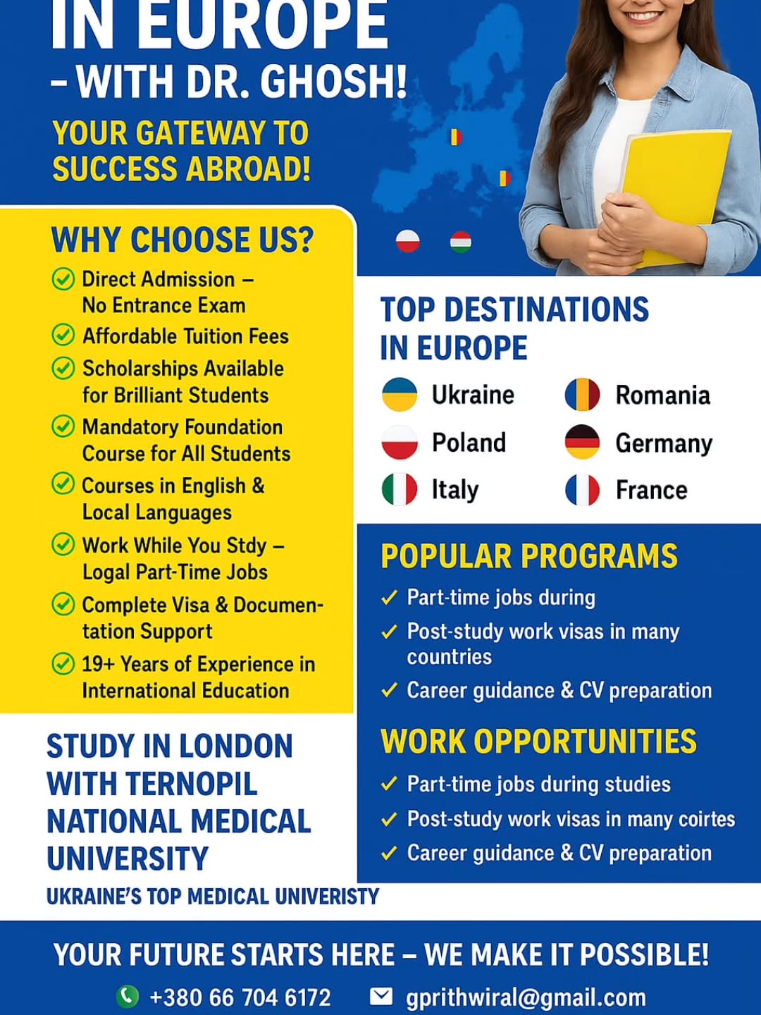 studyineuropebyghosh Facebook ad: STUDY & WORK IN EUROPE, WITH DR.
