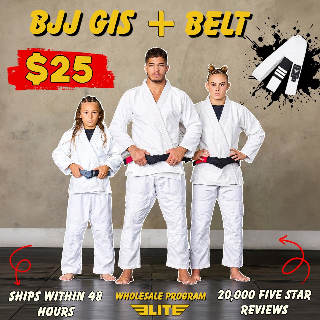 Elite Sports Facebook ad: Introducing our new Blank BJJ Gis starting at…