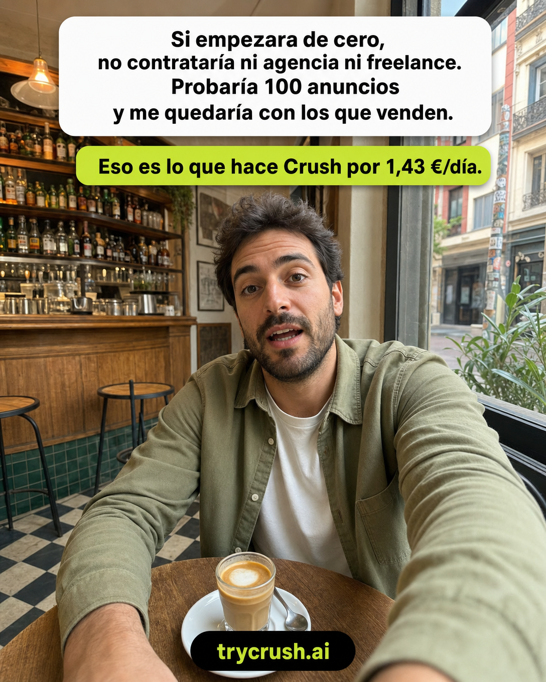 trycrush.ai Facebook ad: Ni agencia ni freelance. 100 anuncios.