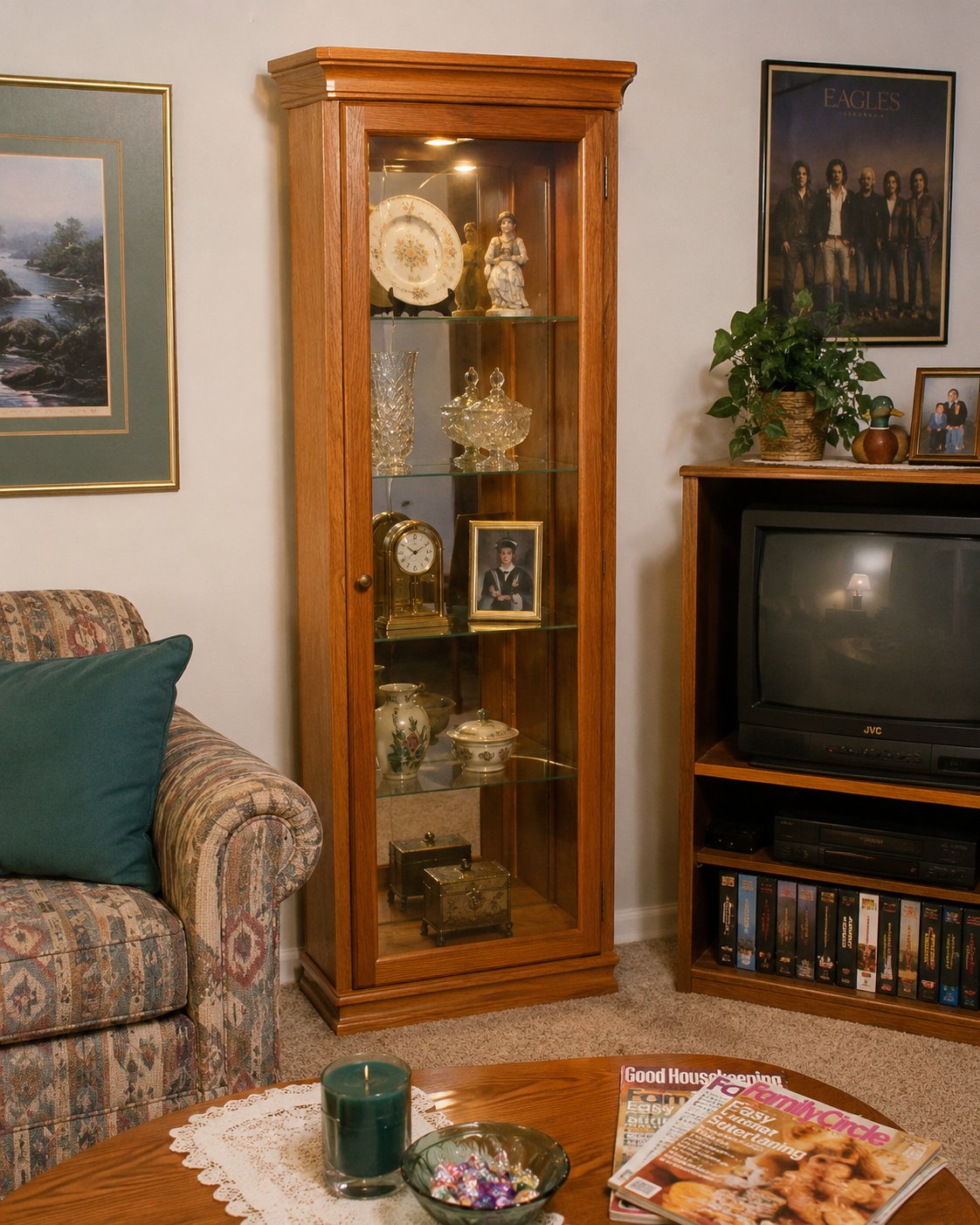 Jeff Schrader Facebook ad: Pulaski Lighted Oak Curio Corner Display Cabinet, 72 Tall