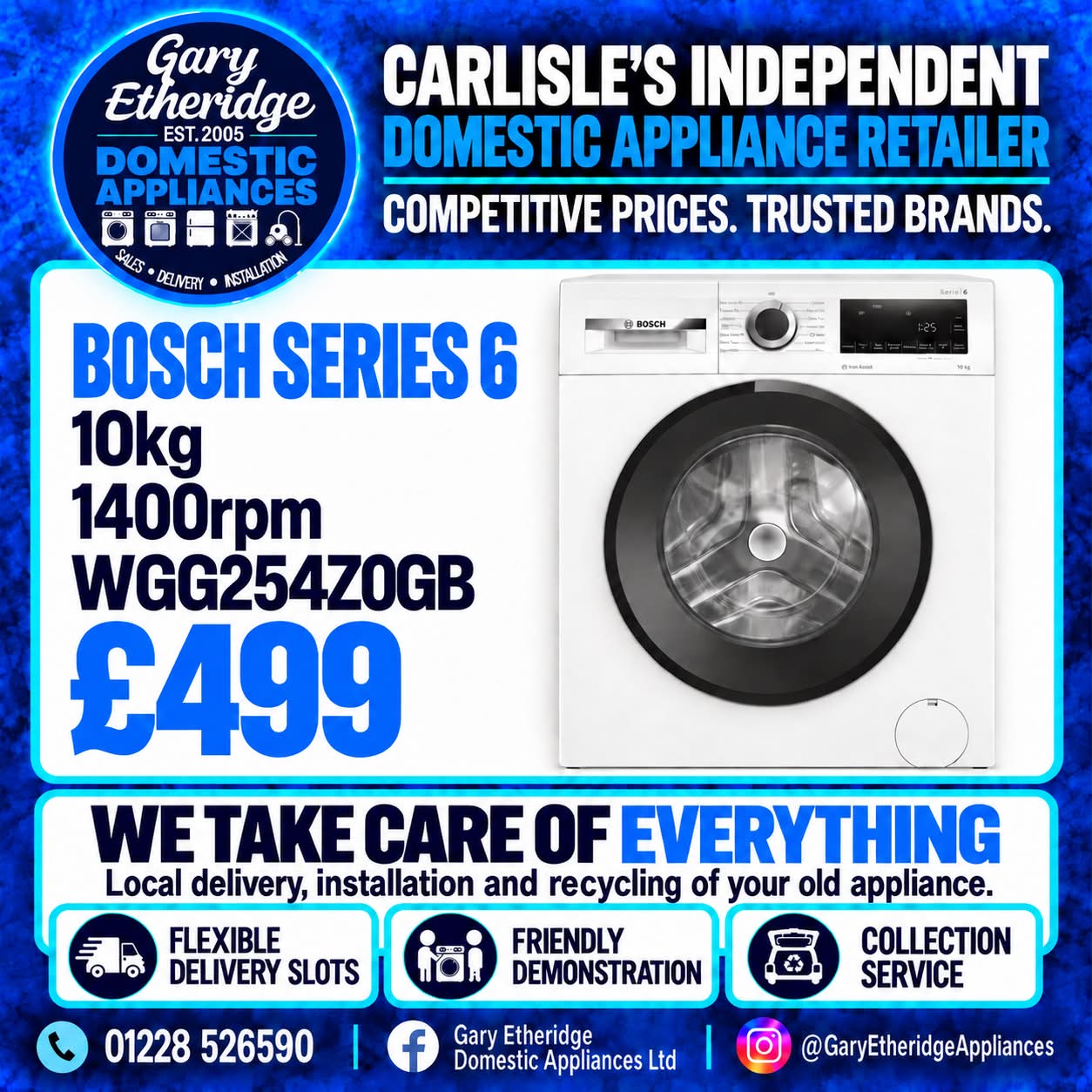 Gary Etheridge Domestic Appliances Ltd Facebook ad: Bosch Series 6 10kg Washing Machine, £499