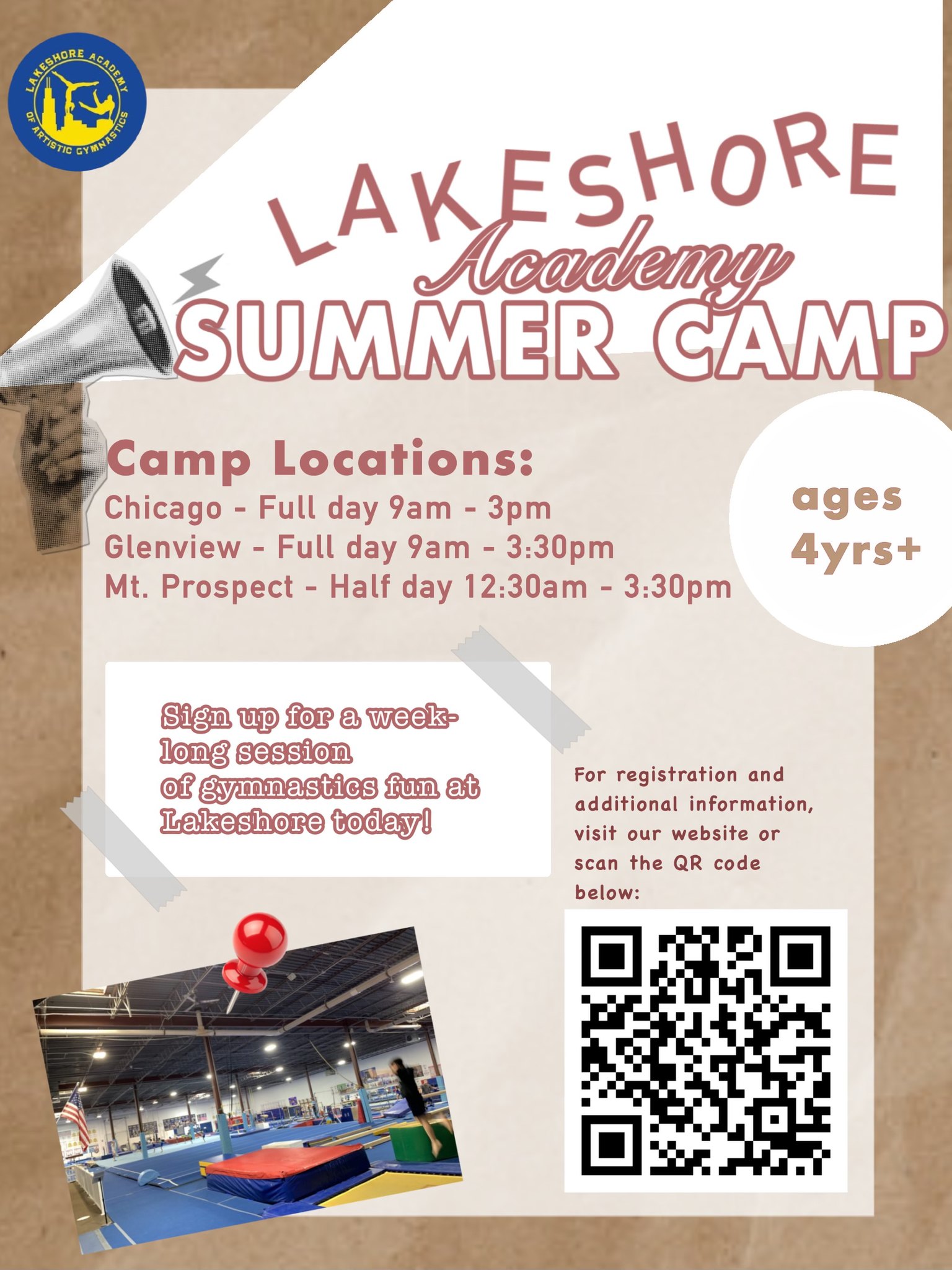 Lakeshore Academy of Artistic Gymnastics Facebook ad: Weekly Camp Options for ages 4+!