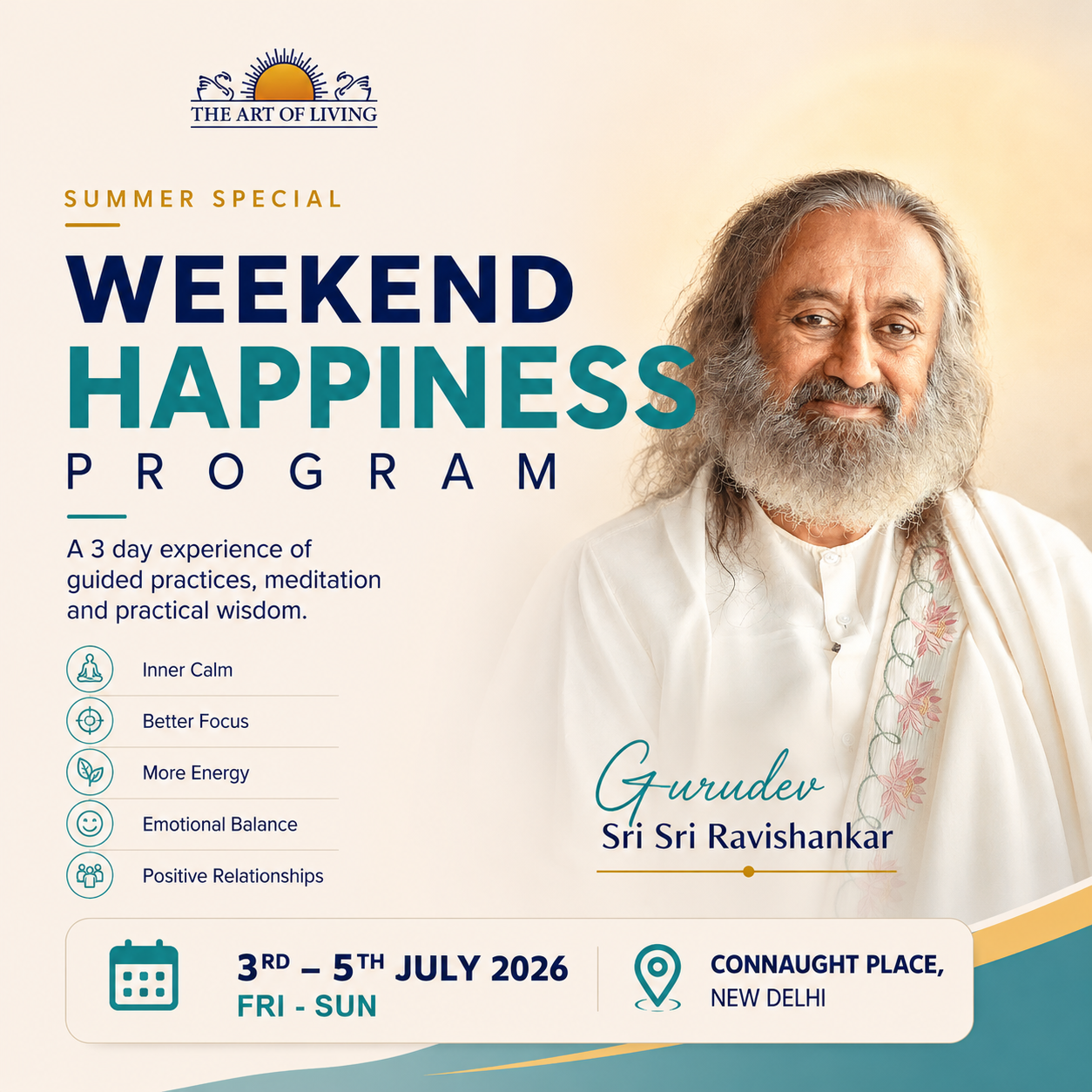 The Art of Living Facebook ad: Summer Special | 3 Day Happiness Program by The Art of…