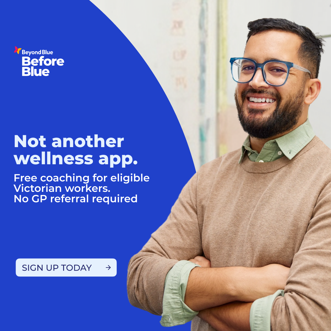 Beyond Blue Facebook ad: Free for eligible Victorian workers. No GP referral…