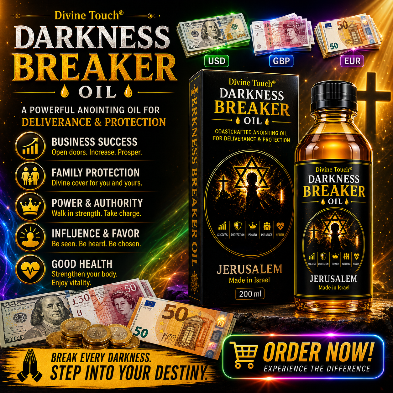 Holyoil Facebook ad: Break Every Darkness Standing Against Your Life