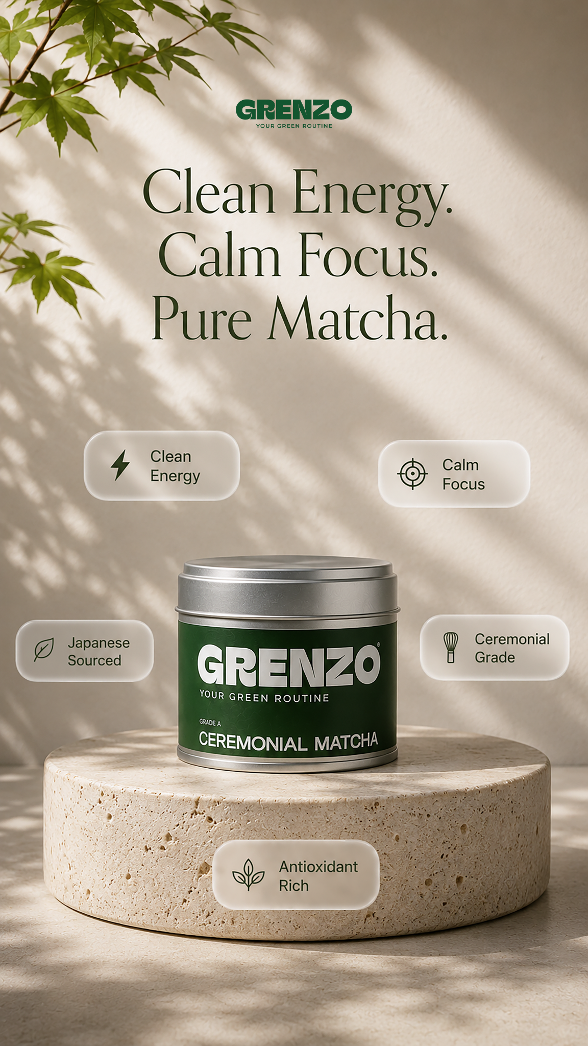 Grenzo Facebook ad: Clean Energy. Calm Focus.