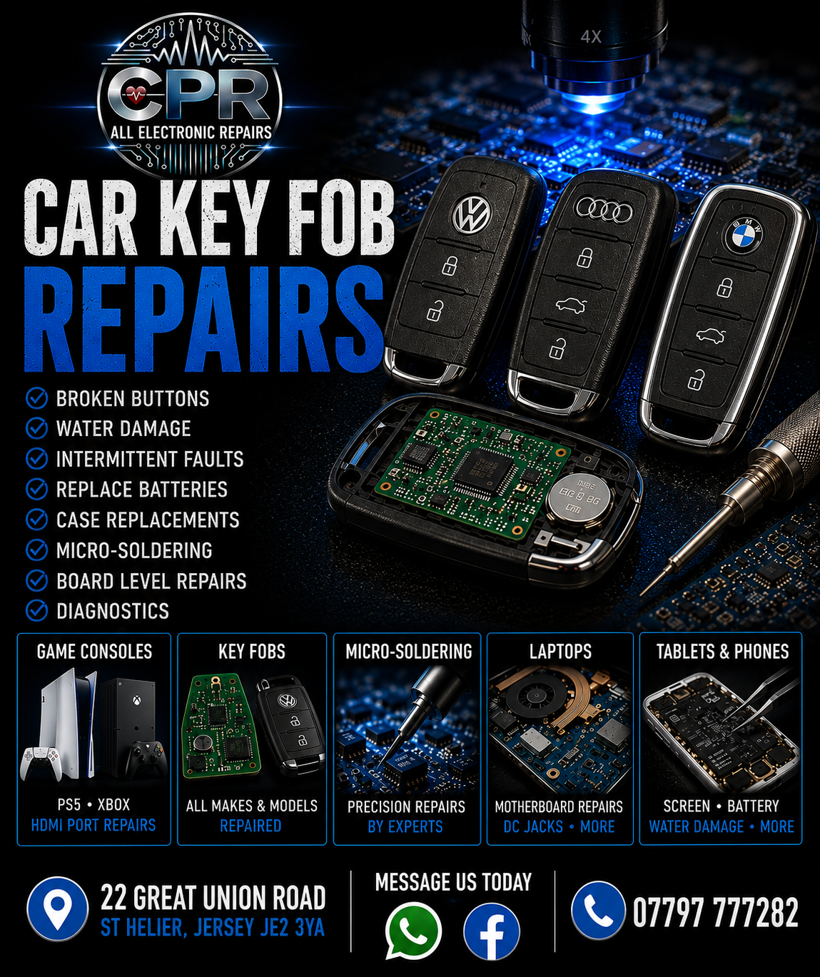 CPR Electronic Repairs Facebook ad: PS5, Computer & Key Fob Repairs