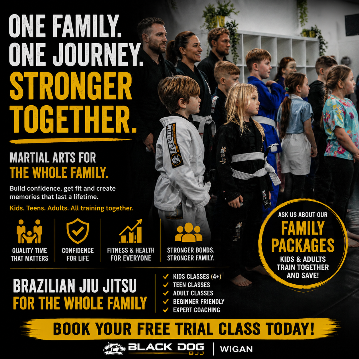 Black Dog Brazilian Jiu Jitsu Facebook ad: Martial Arts For The Whole Family