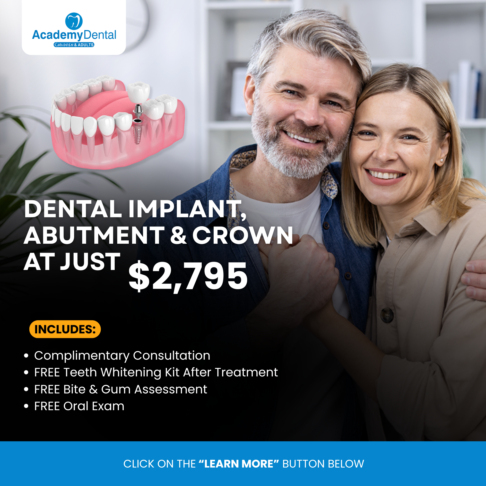 Academy Dental of Hamilton PA Facebook ad: Hey Hamilton! Dental Implant, Abutment and Crown at Just…