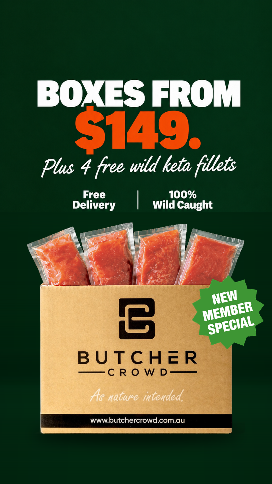 ButcherCrowd Facebook ad: 4 Free Wild Salmon Fillets