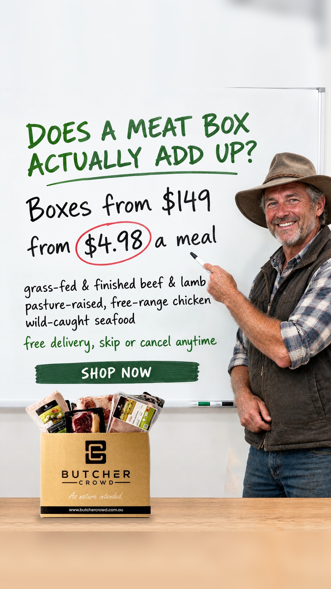 ButcherCrowd Facebook ad: Boxes from $149. From $4.98 a meal.
