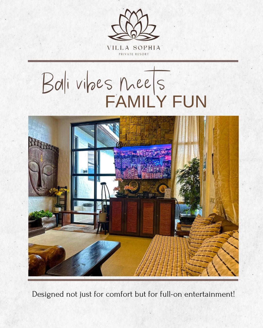 Villa Sophia Private Resort Facebook ad: Unwind in our Bali-inspired living area, designed not…