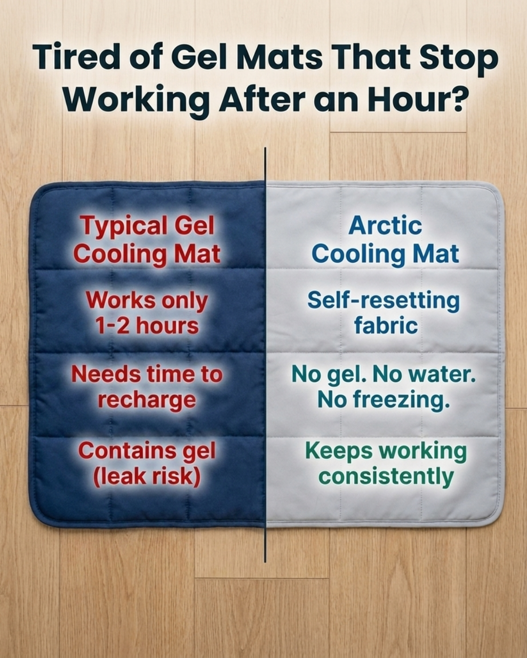 Arctica Facebook ad: Tired of Gel Mats That Stop Working After an Hour?