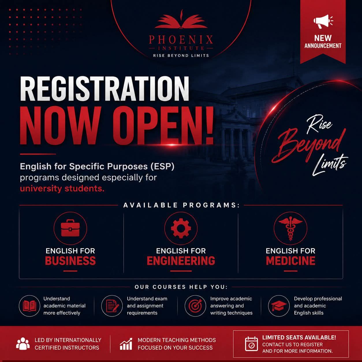 Phoenix Institute Facebook ad: NOW OPEN FOR REGISTRATION