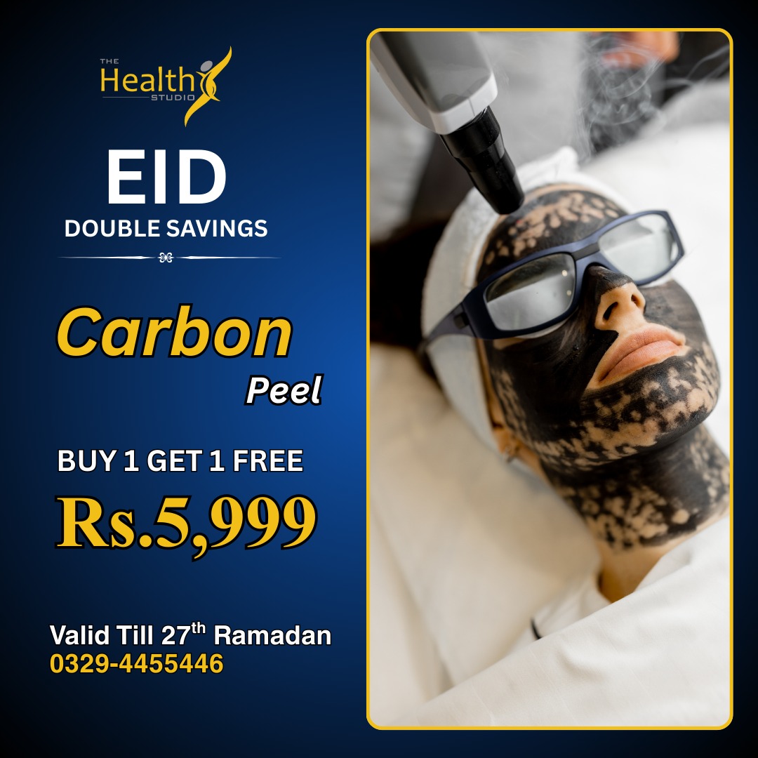 The Health Studio Faisalabad Facebook ad: Eid Glow Sale, Buy 1 Get 1 FREE on Black Diamond Facial