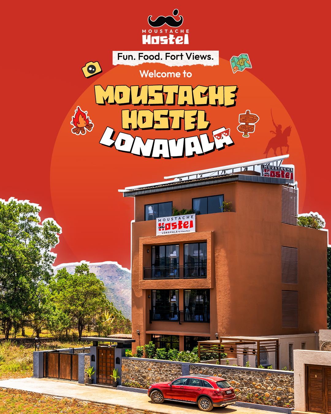 Moustache Escapes Facebook ad: Fun. Food. Fort Views.