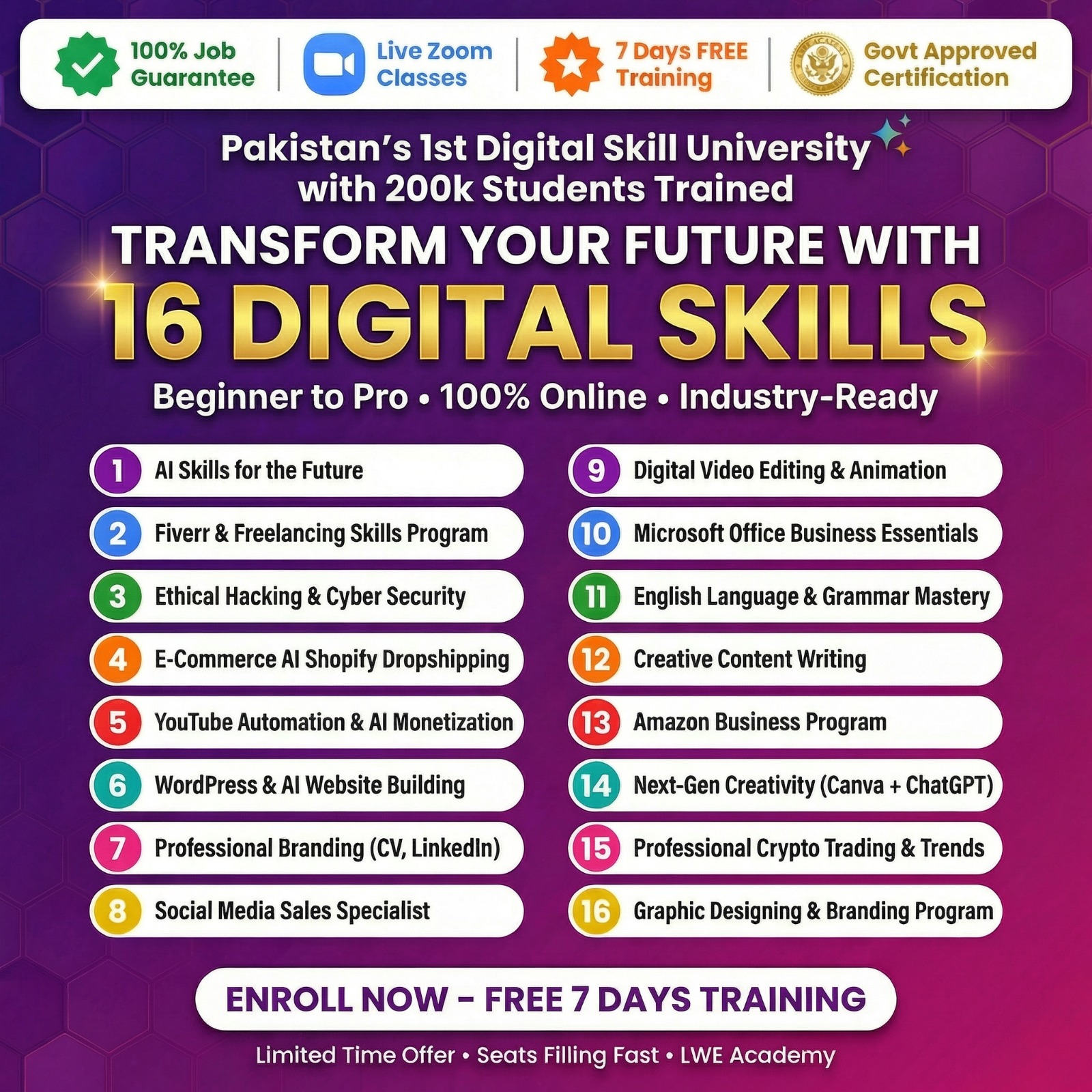 LWE Online Skills Facebook ad: join us FREE