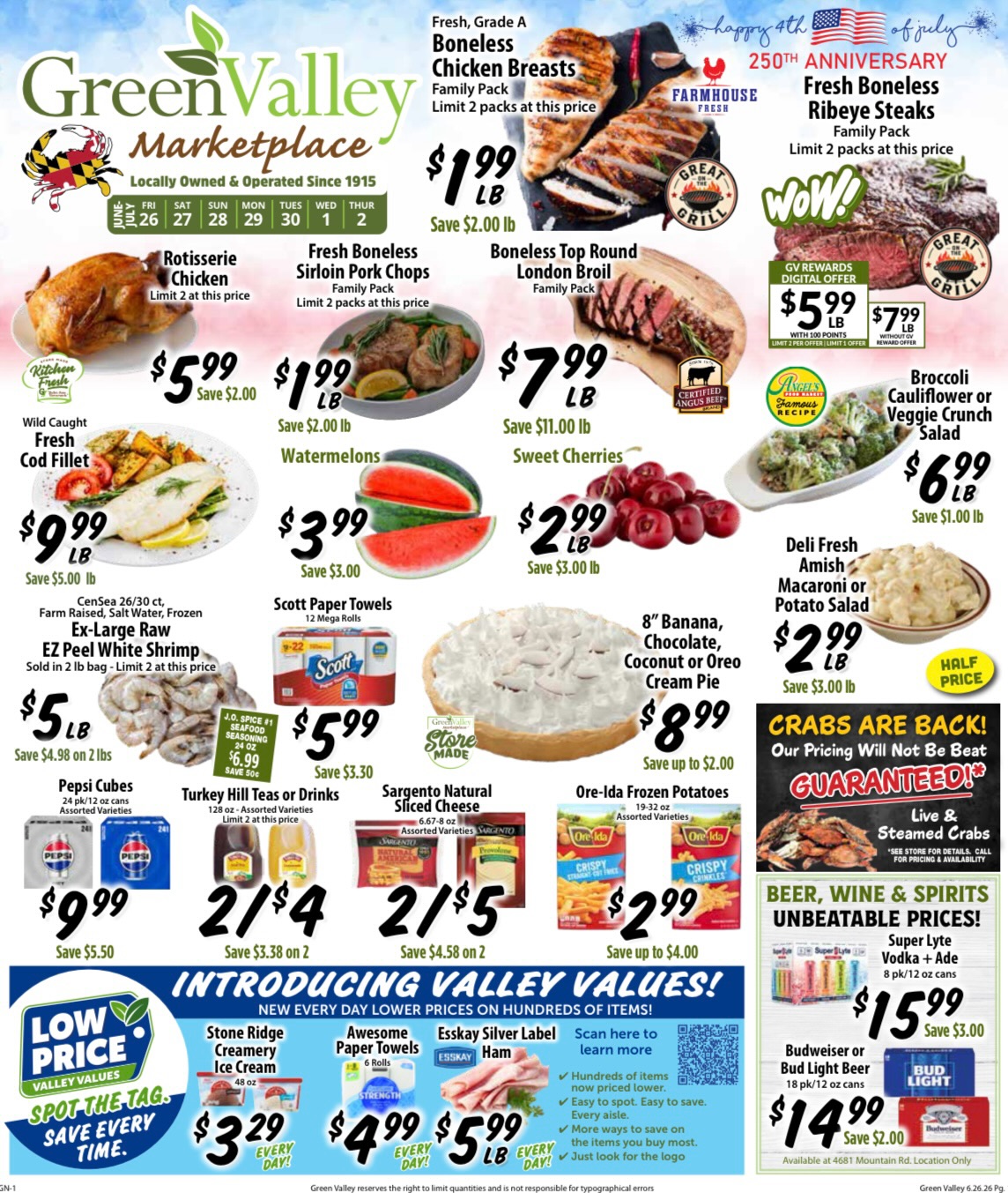Green Valley Marketplace Facebook ad: Load up now with early 250th and 4th…