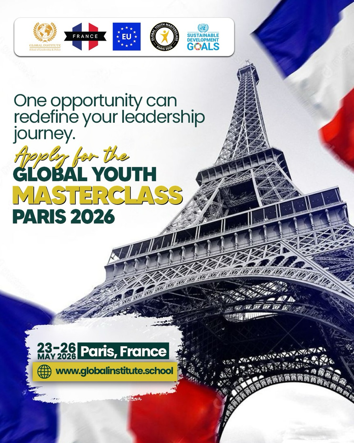 Global Institute / School of Leadership and Policy Facebook ad: Funded Scholarships, Global Youth Masterclass Paris 2026