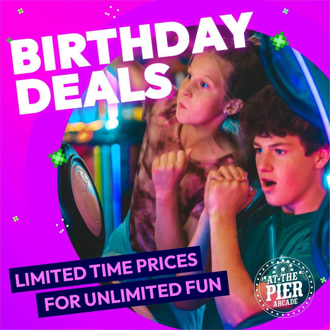 At The Pier Arcade Facebook ad: Book Your Arcade Birthday Party