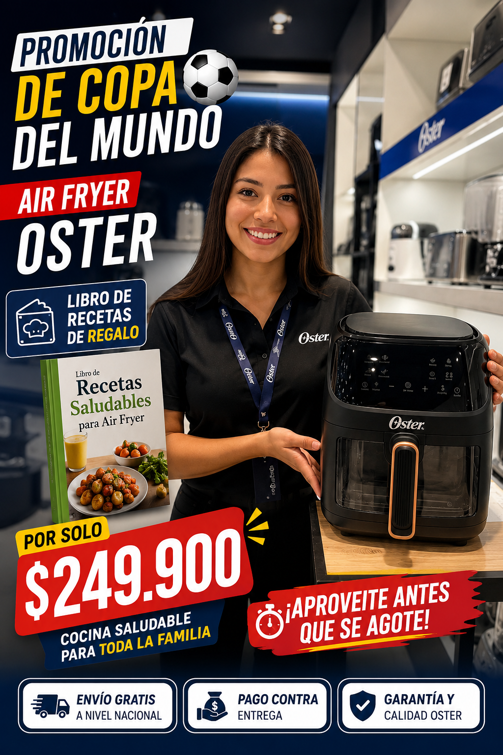 Virella Facebook ad: Promoción Mundialista: Air Fryer Oster + Libro de Recetas…