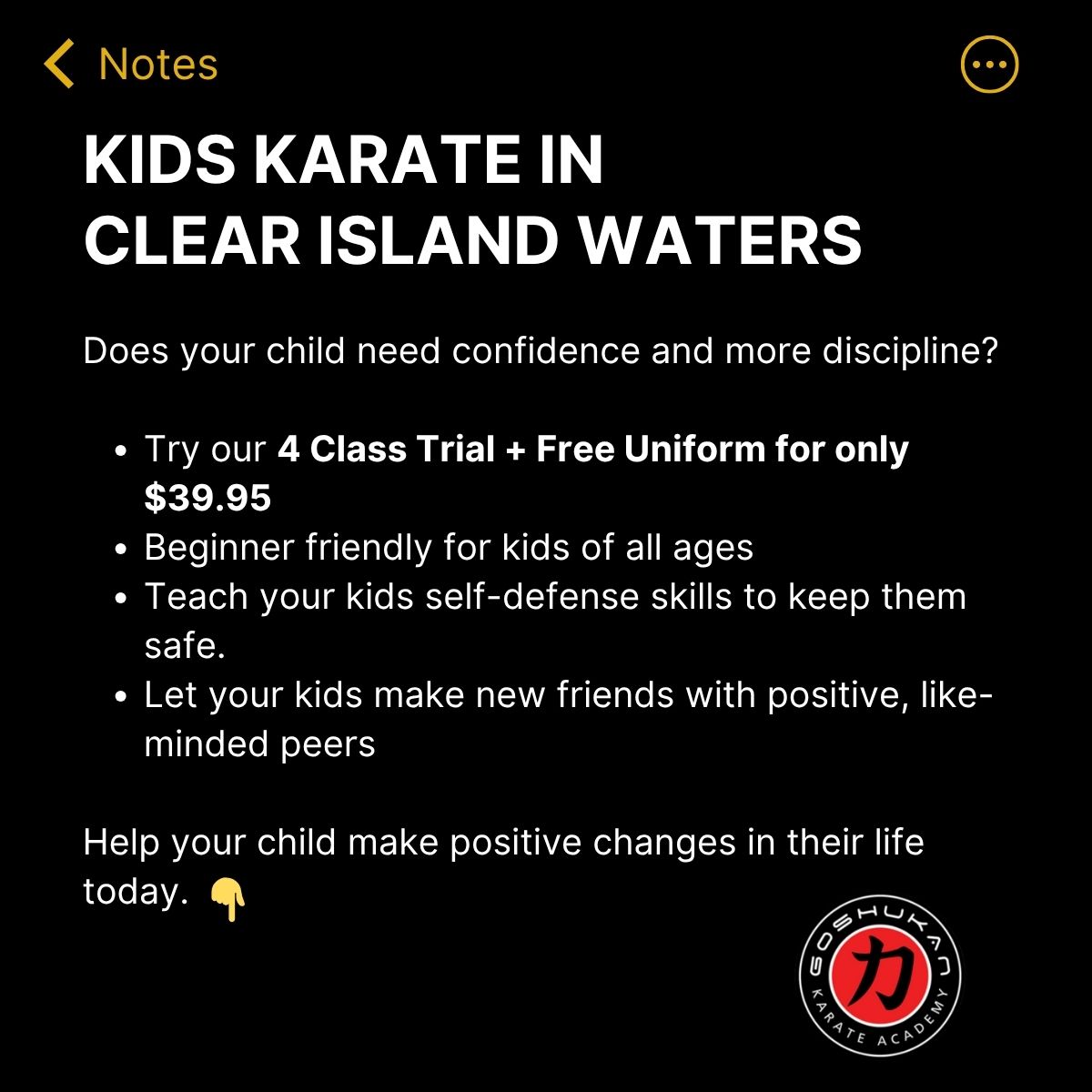Goshukan Karate Academy Gold Coast Facebook ad
