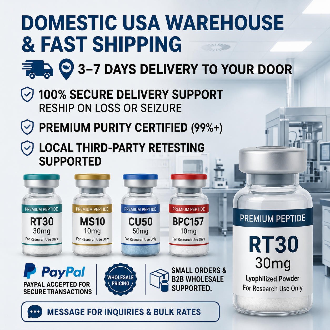 999 Peptide Research Supply Facebook ad: U.S. Warehouse • Fast Nationwide Shipping