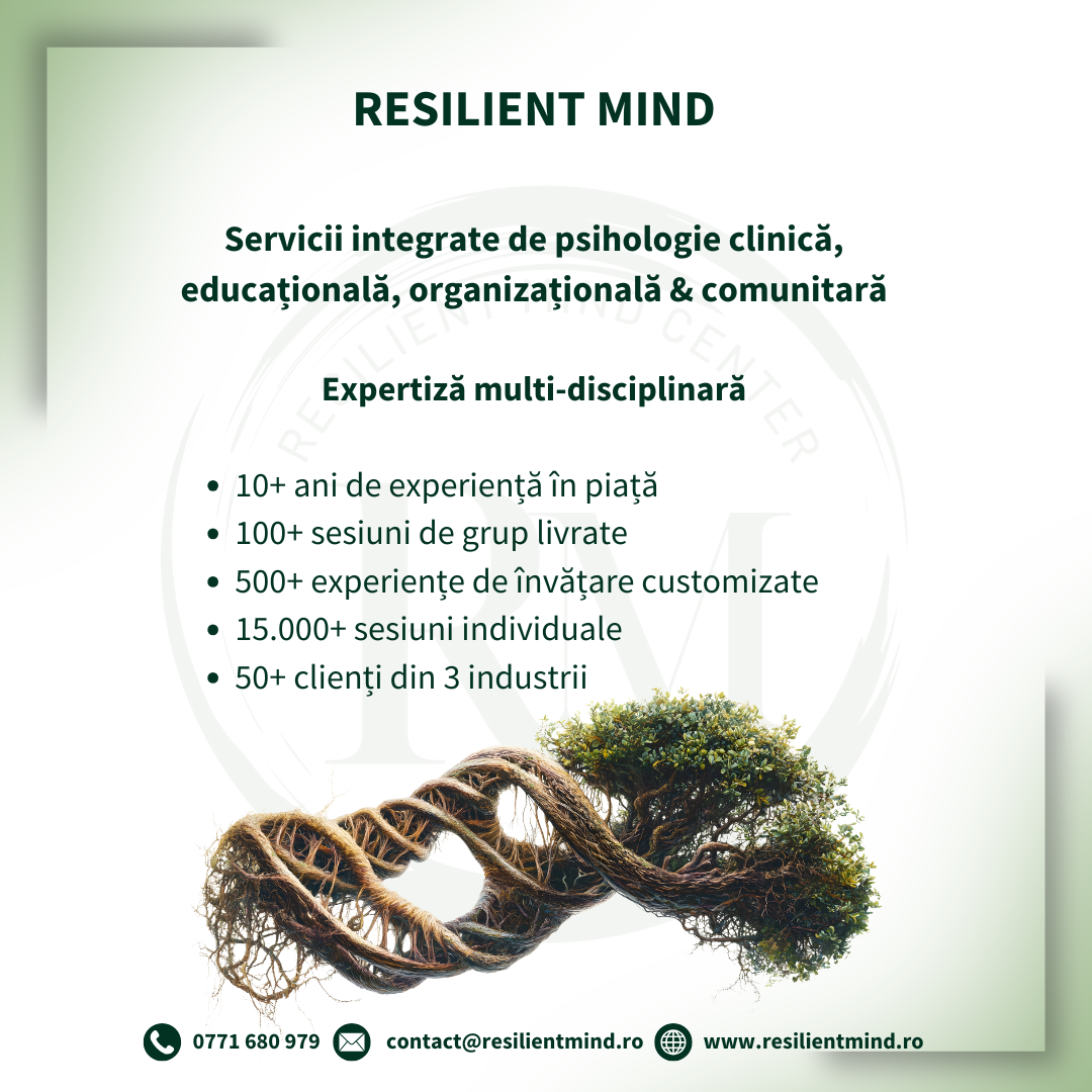 Resilient Mind Center Facebook ad: Într-o lume în continuă schimbare, sănătatea mintală…